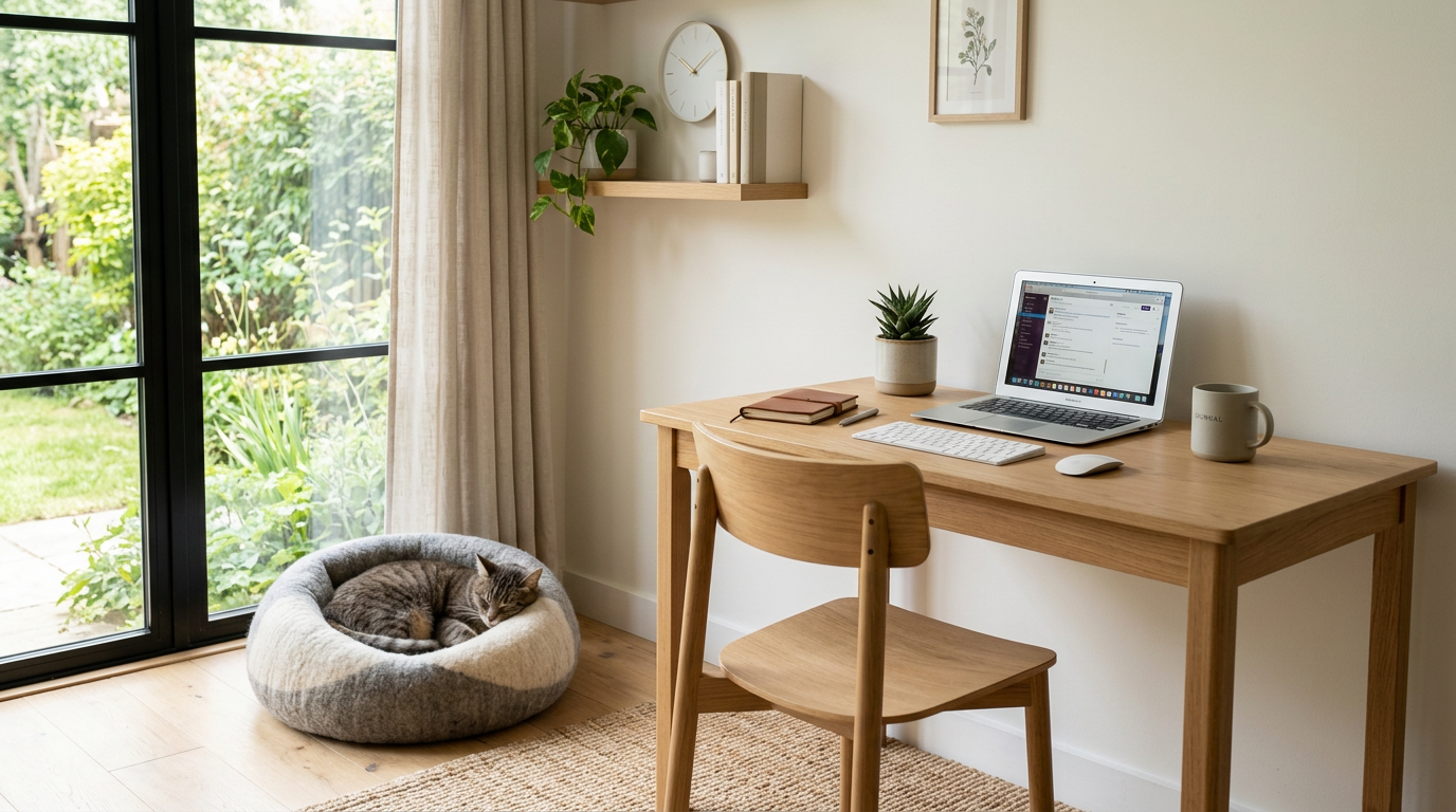 Home office desk with laptop, keyboard, mouse, mug, notebook, plant, and a sleeping cat in a round bed near window