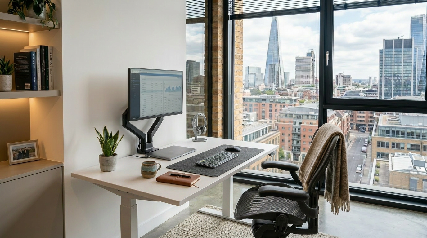 ergonomic desk setup in small space with monitor mounted ergonomic keyboard and mouse, small decorative plant and ergonomic office chair